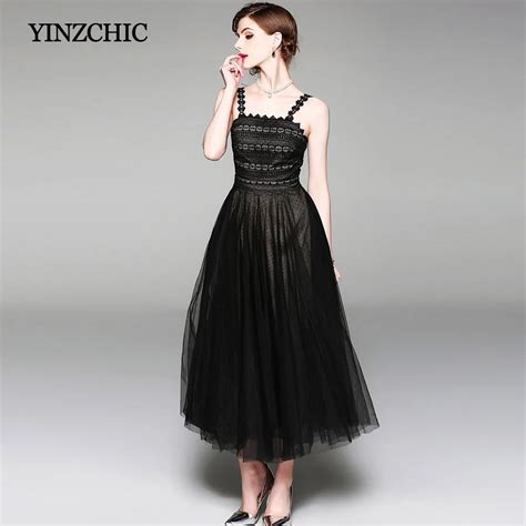 Woman Black Party Dresses Hollow Out Lace Patch Mesh Gown Dress Elegant Sleeveless Summer