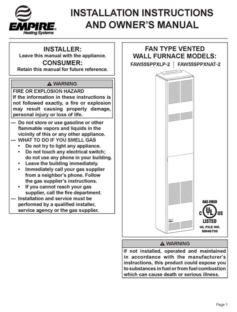 EMPIRE HEATING SYSTEMS FAW55SPPXLP 2 INSTALLATION INSTRUCTIONS AND