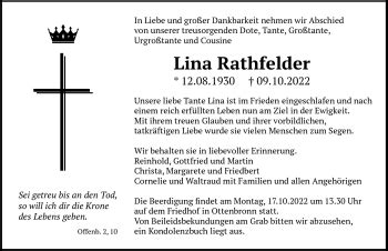 Traueranzeigen von Lina Rathfelder Schwarzwälder Bote Trauer