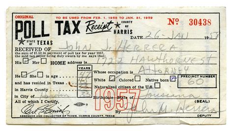 Poll Tax Receipt For John J Herrera County Of Harris 1957 The Portal To Texas History