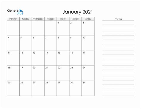 Printable Monthly Calendar With Notes January 2021