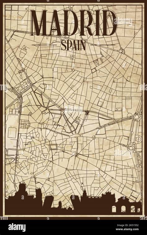 Hand Drawn Downtown Streets Network Printout Map Of MADRID SPAIN Stock