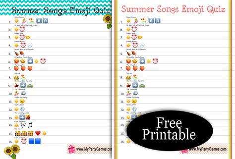 Free Printable Summer Songs Emoji Quiz