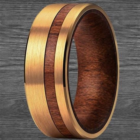 Hawaiian Koa Wood Inlay Ring Yellow Gold Tungsten Ring Wood Etsy