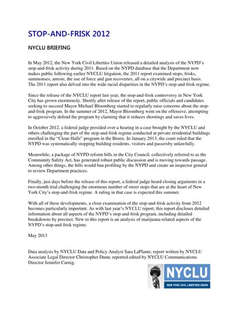 2012 Stop And Frisk Report New York Civil Liberties Union Nyclu