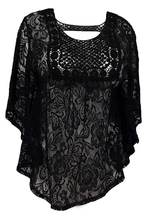 Plus Size Sheer Crochet Floral Lace Poncho Top Black Evogues Apparel