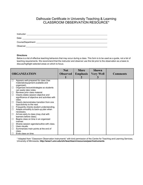 Classroom Observation Form