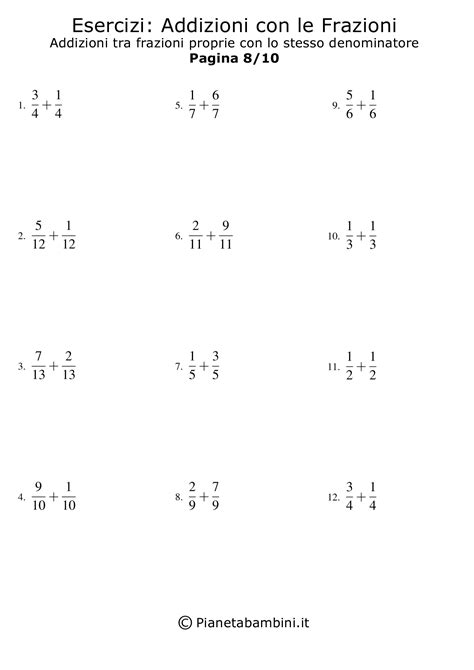 Esercizi Sulle Addizioni Di Frazioni Da Stampare PianetaBambini It