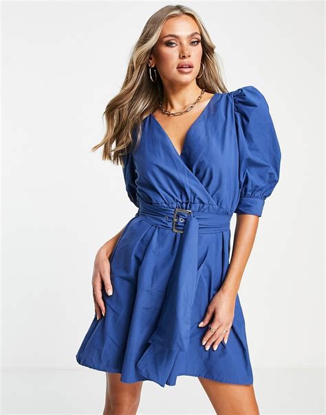 Trendyol Puff Sleeve Belted Mini Dress In Blue Modesens