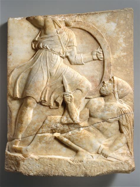 Grave Stele With Hoplite Battle Scene Greek Attic Classical The