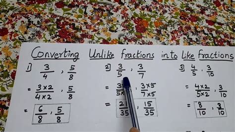 Converting Unlike Fractions Into Like Fractions Class 5 And 6 Youtube