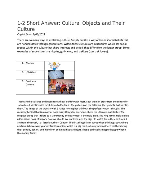 Cultures And Subcultures 1 2 Short Answer Cultural Objects And Their Culture Crystal Dials 1