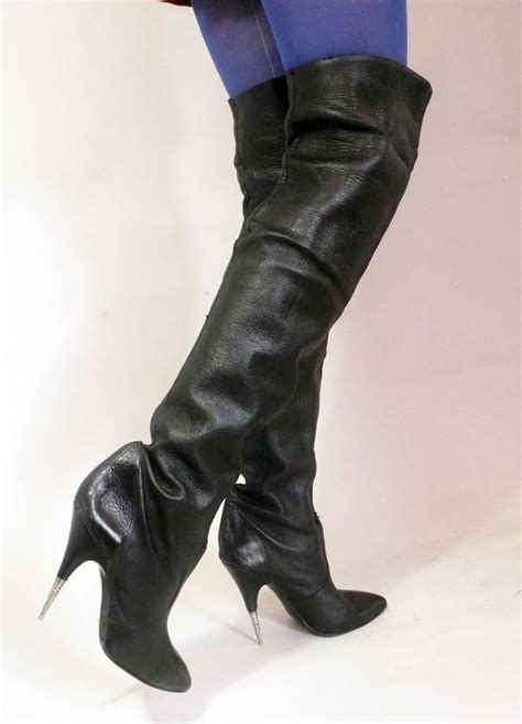 Ebay Leather Vintage Black Leather Thigh Boots With Metal Stiletto