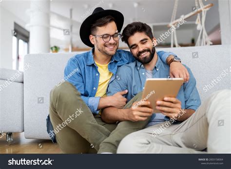 Happy Gay Couple Embraced Joking Having Stock Photo 2003158004