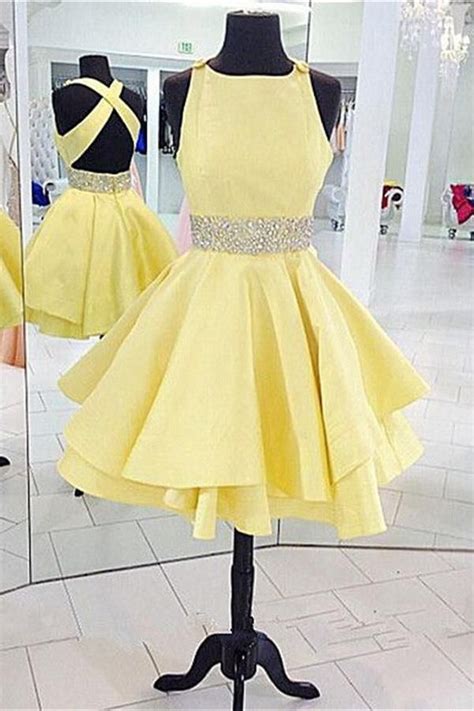 Yellow Satin Beaded Short Backless Homecoming Dresses Cheap Homecoming