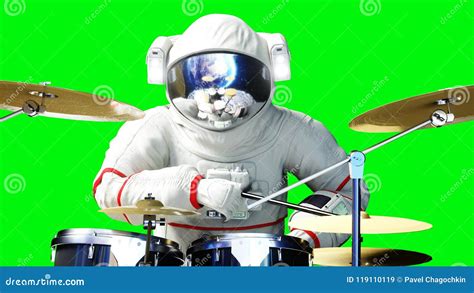 Funny Astronaut Play To Drums Green Screen 3d Rendering Stock