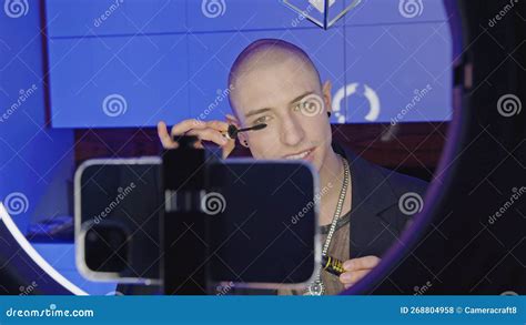 Make Perfect Eyelashes With Me A Gay Man Recording A Makeup Video Tutorial Indoors Stock Photo