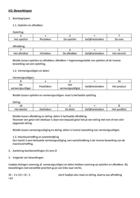 H Samenvatting Wiskunde Wijs H Bewerkingen Basisbegrippen