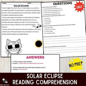 Solar Eclipse Reading Passage Comprehension Activity By Printed You