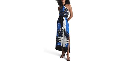 Reiss Erin Leaf Print Halter Neck Maxi Dress In Blue Lyst