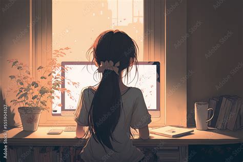 Anime Girl Working At Her Desk Cute Drawing Of A Young Woman Sitting