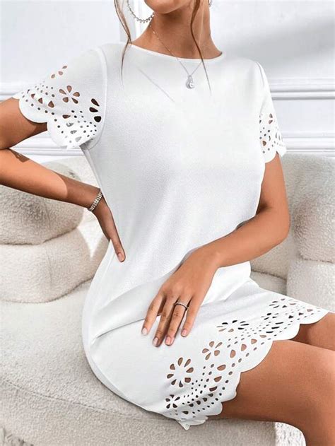 Shein Clasi Laser Cut Scallop Trim Tunic Dress Shein Usa