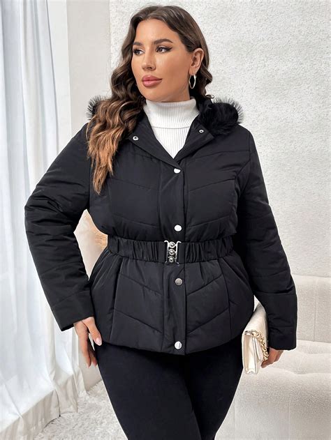 Shein Clasi Jaqueta Acolchoada Capuz Plus Size Bolsos Inclinados E