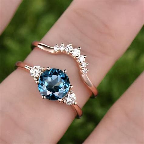 Three Stone London Blue Topaz Engagement Ring Set Rose Gold Topaz Ring