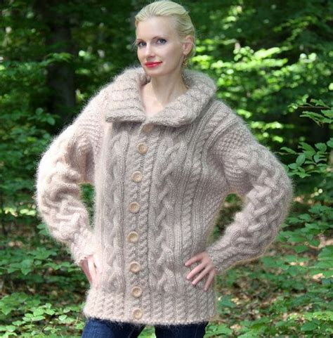 Fuzzy Beige Cable Mohair Cardigan Aran Sweater Jacket Hand Knitted