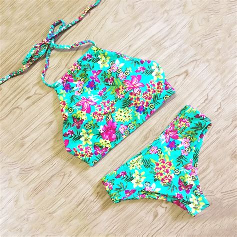 High Neck Bikini Flower Printed Swimwear Women Sexy Backless Swimsuit