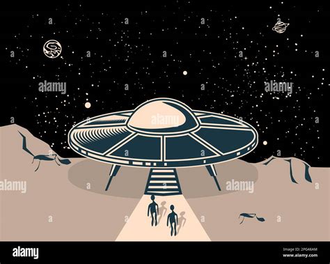 Platillo Volador Ovni Aterrizó En El Planeta Dos Alienígenas Desembarcados Disco Ovni En El