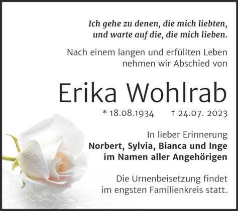 Traueranzeigen Von Erika Wohlrab Abschied Nehmen De