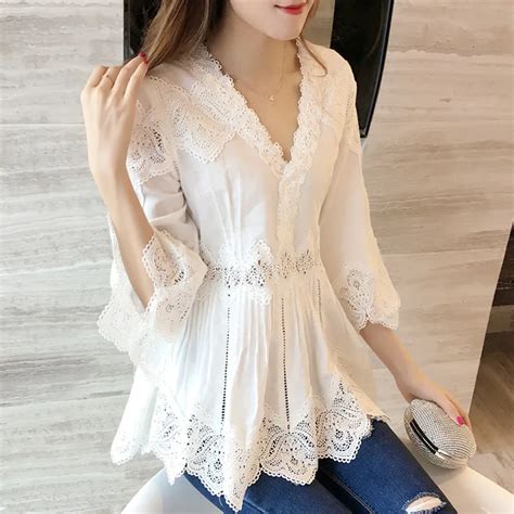 Lace Blouse Women Fashion Three Quarter 34 Bell Flare Sleeve Deep V Neck White Cotton Tops