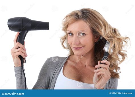 Woman With Hair Dryer Stock Photo Image Of Smiling Years 30742374