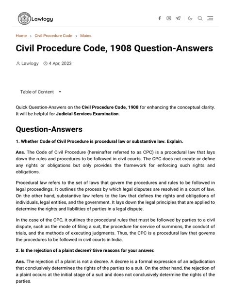 Civil Procedure Code 1908 Question Answers Lawlogy Pdf