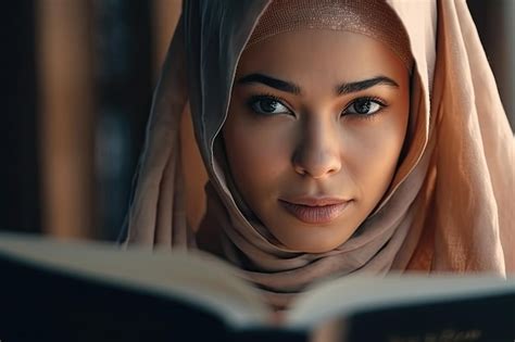 Premium Ai Image A Muslim Woman Wearing A Hijab Is Holding A Holy Book