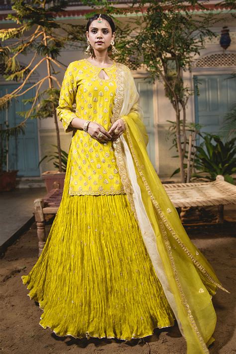 Buy Surbhi Shah Yellow Floral Marori Embroidered Kurta Lehenga Set