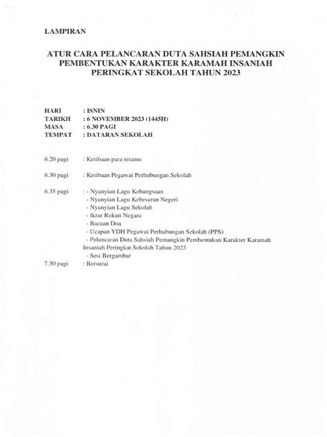 Aturcara Majlis Pelancaran Duta Sahsiah 6 Nov 2023 Isnin Pdf