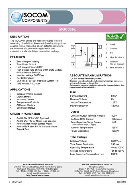 Datasheet MOC3060, MOC3061, MOC3062, MOC3063 Isocom - Просмотр и загрузка