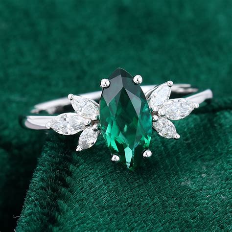 White Gold Marquise Cut Lab Grown Emerald Engagement Ring - MollyJewelryUS