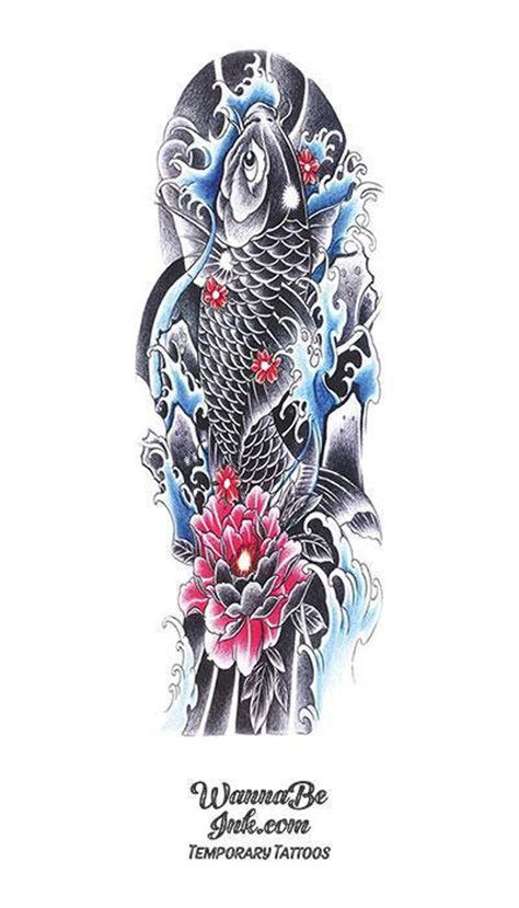 Black Koi Fish With Pink And Red Lotus Flowers Temporary Sleeve Tattoos