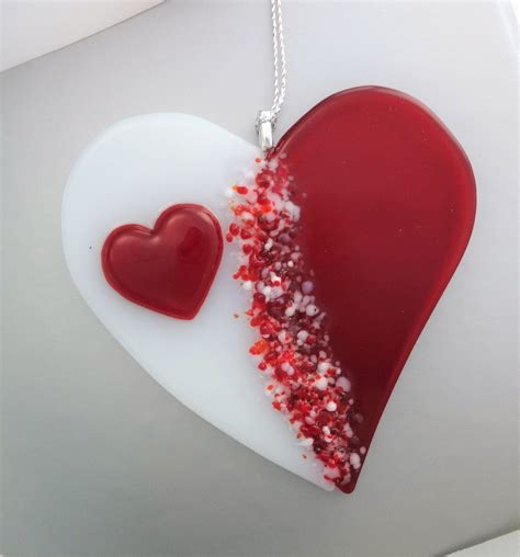 Fused Glass Valentine Heart Suncatcher Red And White Glass Etsy Fused