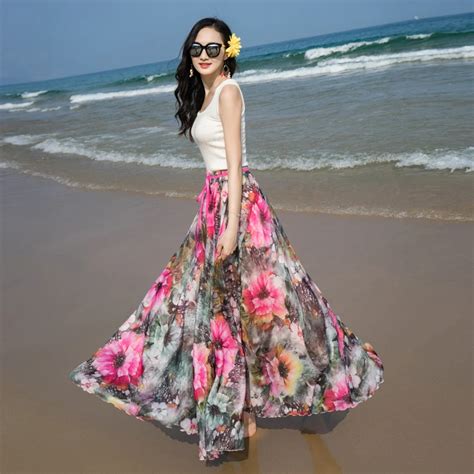 Tingyili Bohemian Beach Skirt Summer Long Skirts Womens Holiday Maxi