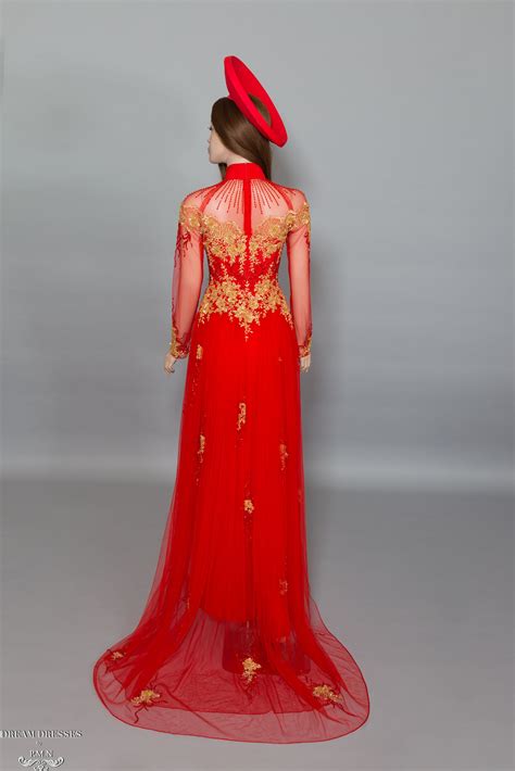 Red Bridal Ao Dai With Gold Lace Vietnamese Bridal Dress With