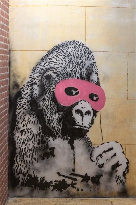 Banksy Graffiti Art Exhibition, Masked Gorilla Editorial Stock Image - Illustration of barcelona ...