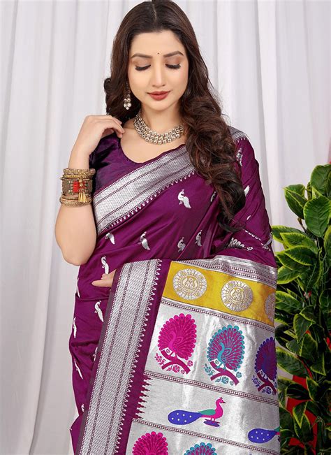 Shop Purple Color Soft Litchi Silk Zari Weaving Work Saree Festive Wear Online At Best Price