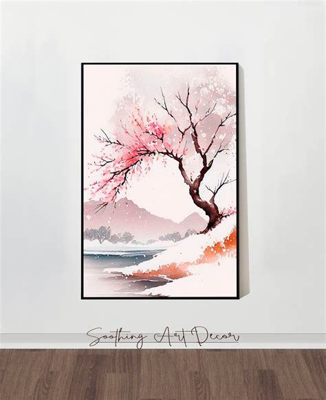 Sakura Cherry Blossom Tree Japandi Digital Wall Art Landscape Winter