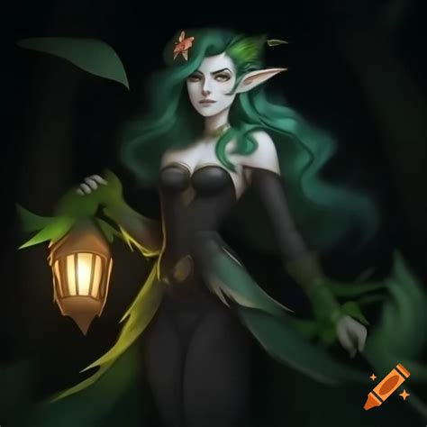 Strong Druid Girl With Dark Green Hair In Black Gown Walking Through