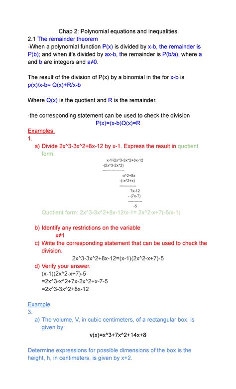 Chap 2 MATH Notes Polynomial Equations And Inequalities Chap 2