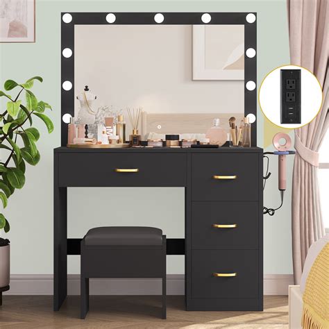 Ftbfvtos 02o4x7 Black Vanity Desk Makeup Table Lighted Mirror Dressing 354l X 157w X 535